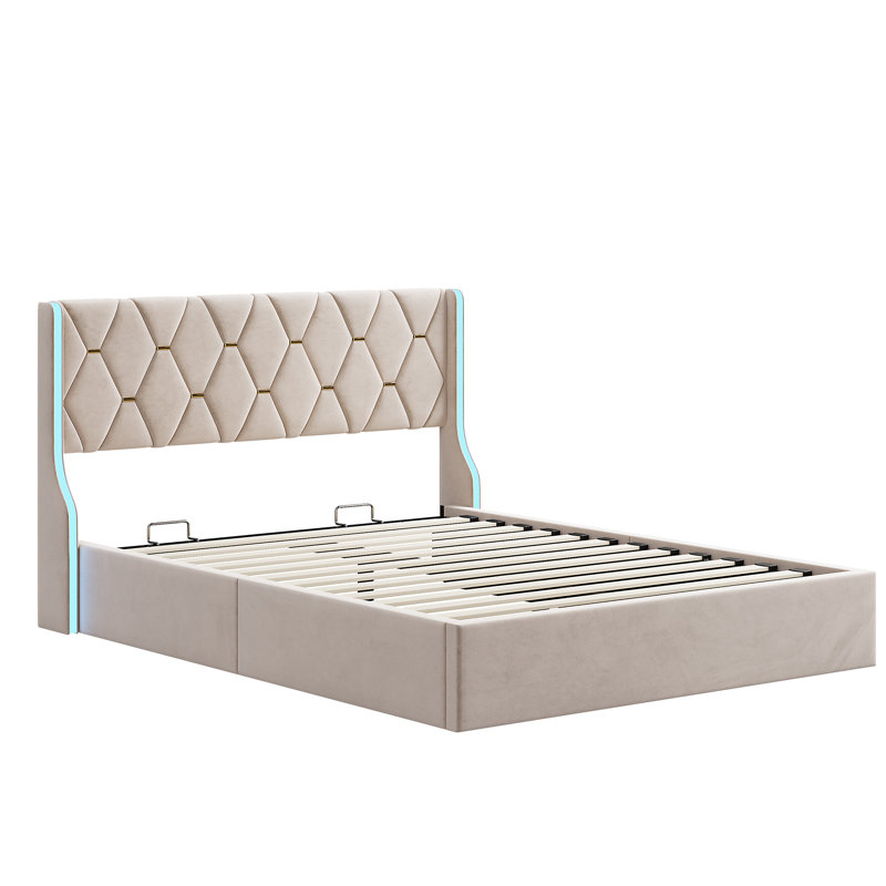 European Double (140X200cm) & King (160X200cm) Velvet Ottoman Bed,  Glam Wingback Storage Frame With LED Lights, Beige