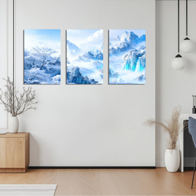 Tableau sur toile tendue représentant un paysage d'hiver avec des montagnes enneigées et un lac (ensemble de 3)