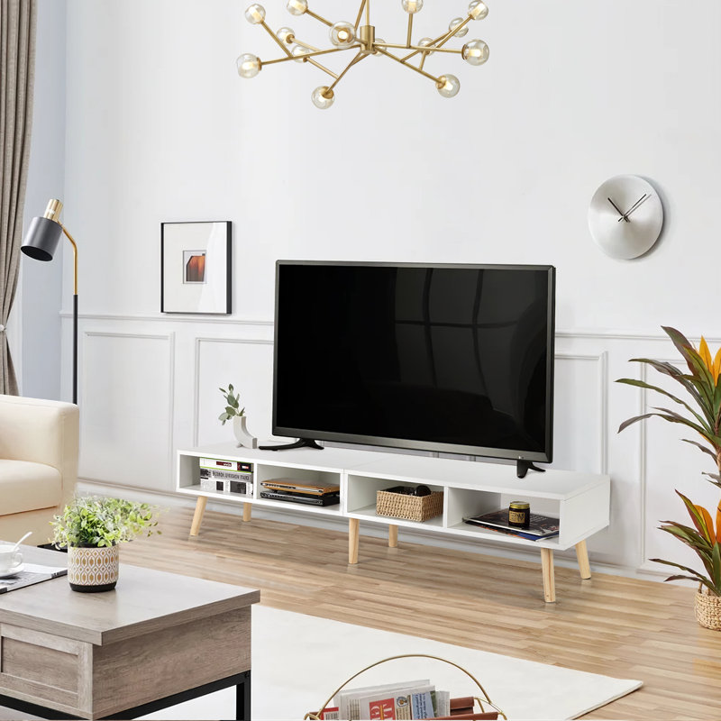 Janci TV Stand for TVs up to 65" with open Storage, media management and solid wood feet, White