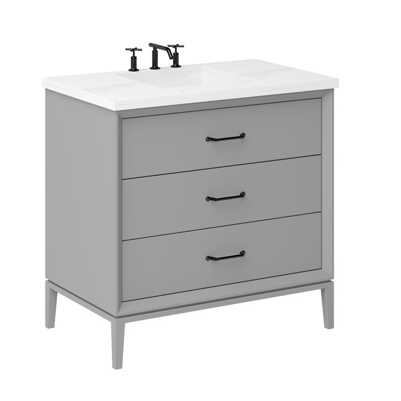 Alexandra Three-Drawer Single Bath Vanity, Platinum Gray, 30", Matte Black
