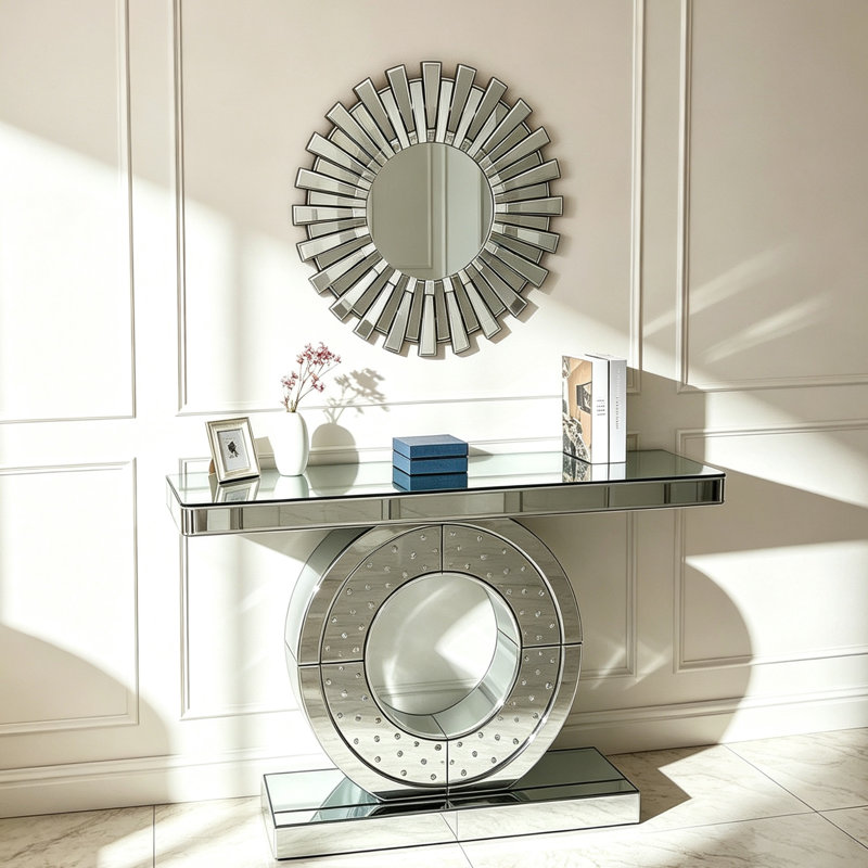 120cm Mirrored Console Table and Sunburst Round Wall Mirror Glam Set