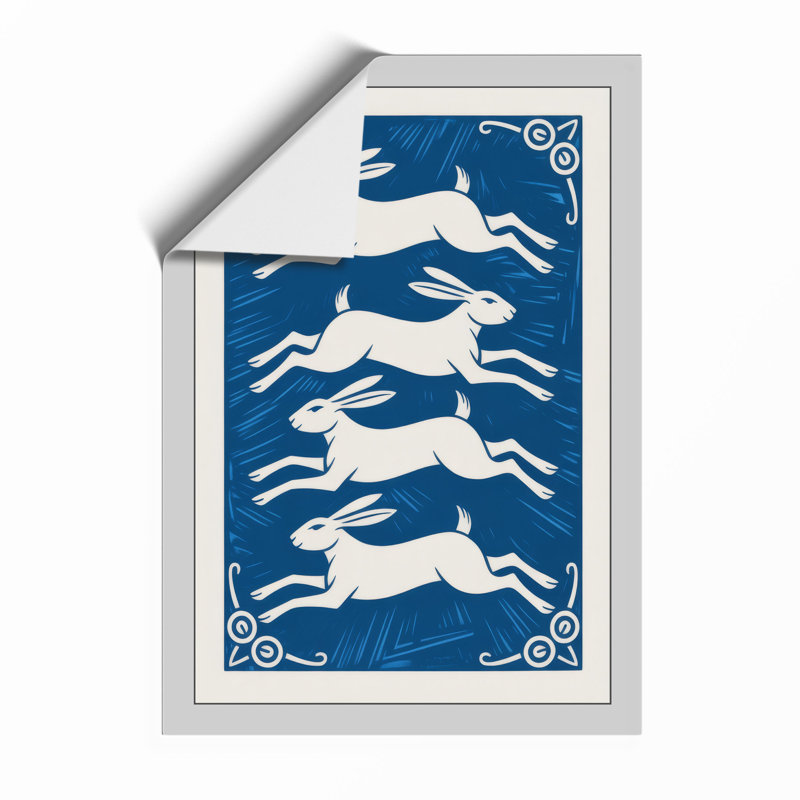 Leaping Rabbits Japandi - Framed Print, Unframed, A3 - 42.0 x 29.7 cm