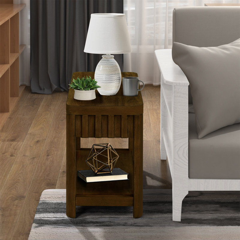 25'' Rectangular Farmhouse End Table With Storage Shelf, Sofa Side Table With Solid Wood Legs For Living Room, Bedroom, Office