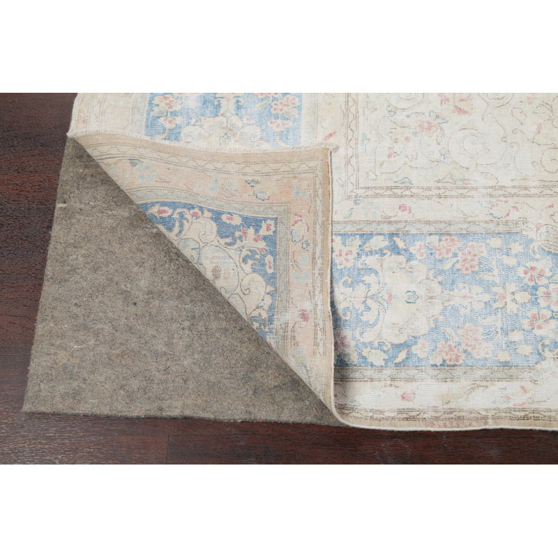 Tapis décoratif beige/bleu en laine de conception unique 8 pi 10 po x 12 pi 9 po noué à la main