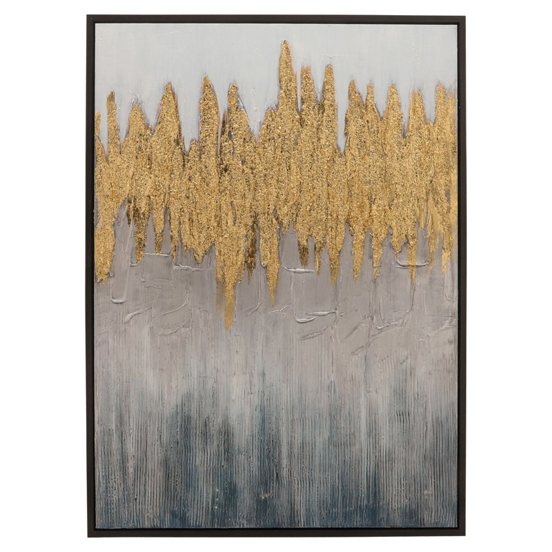 35"Lx1.5"Wx47"H, Hand-painted, Abstract Canvas with Gold Foil, Contemporary Wall Art, Crafted with Polyester Canvas and Fir Wood, Plastic Frame with Black Finish