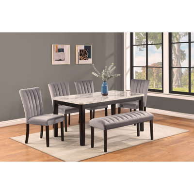 6-Piece Contemporary Dining Set Rectangular Faux Marble Table Top Black Finish Upholstered Chairs