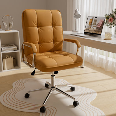 White Office Chair with Soft Leather, Swivel Computer Home Office Desk Chair with Wheels and Padded Arms, Adjustable Height and Tilt