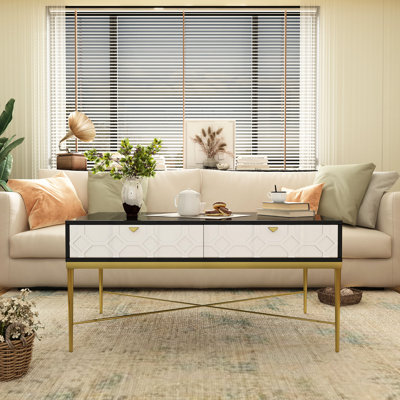 Table basse moderne de couleur noire et blanche, 2 tiroirs pour l'organisation, pieds en métal, stabilité du bas en forme de X, hauteur contemporaine de 22,13 po avec tiroirs de rangement, conception octogonale