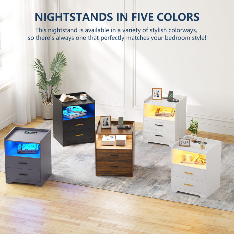17.7"2-Drawers Modern Nightstand With 20-Color RGB Lighting and Motion Sensor, Wood White/Black