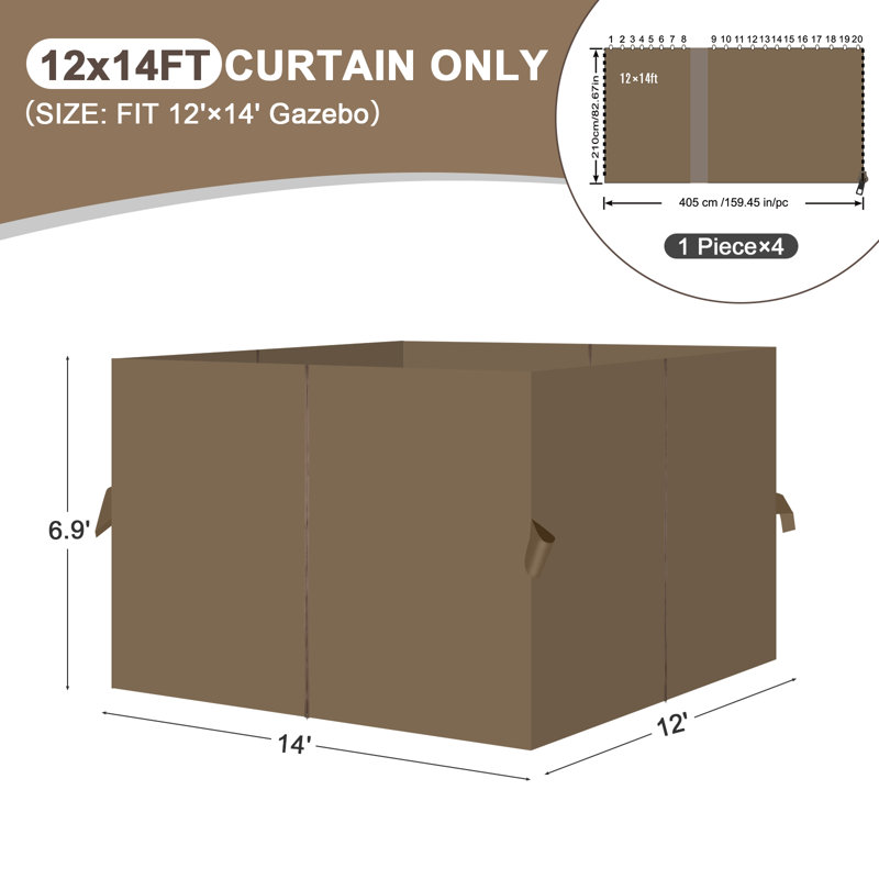Aoodor Replacement 4-Panel Gazebo Sidewall Curtains, Light Coffee, 82.7" H x 144" W x 168" D