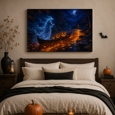 Tableau mural d'Halloween représentant un fantôme bleu dans un bateau avec des citrouilles sculptées.