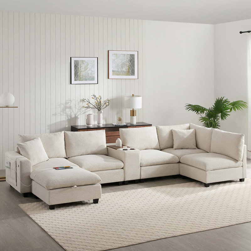Canapé modulaire en U avec repose-pieds avec rangement et charge USB, Velours côtelé - beige