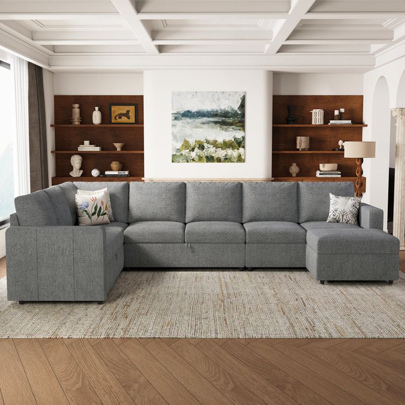 Seybert Luxurious U-Shaped Sofa Velvet Chenille Sectional Sofa For Living Room, Light Gray Chenille