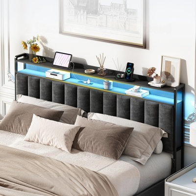 Kenily Upholstered Headboard with Storage Bags, LED Lights and Charging Station