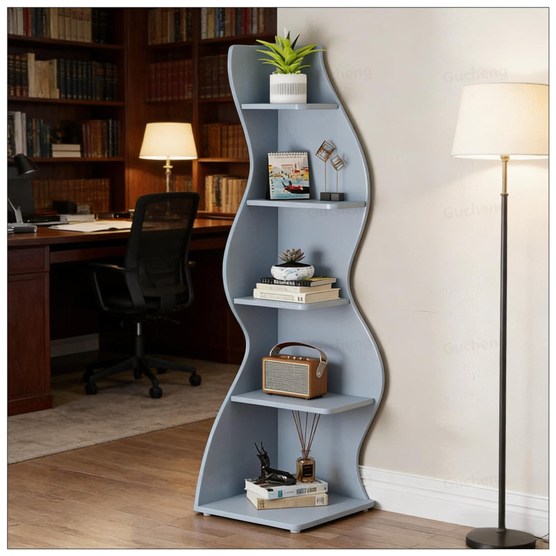 Elegant 5-Tier Corner Bookshelf With Spacious Storage, Ideal For Modern And Vintage Decor, Blue