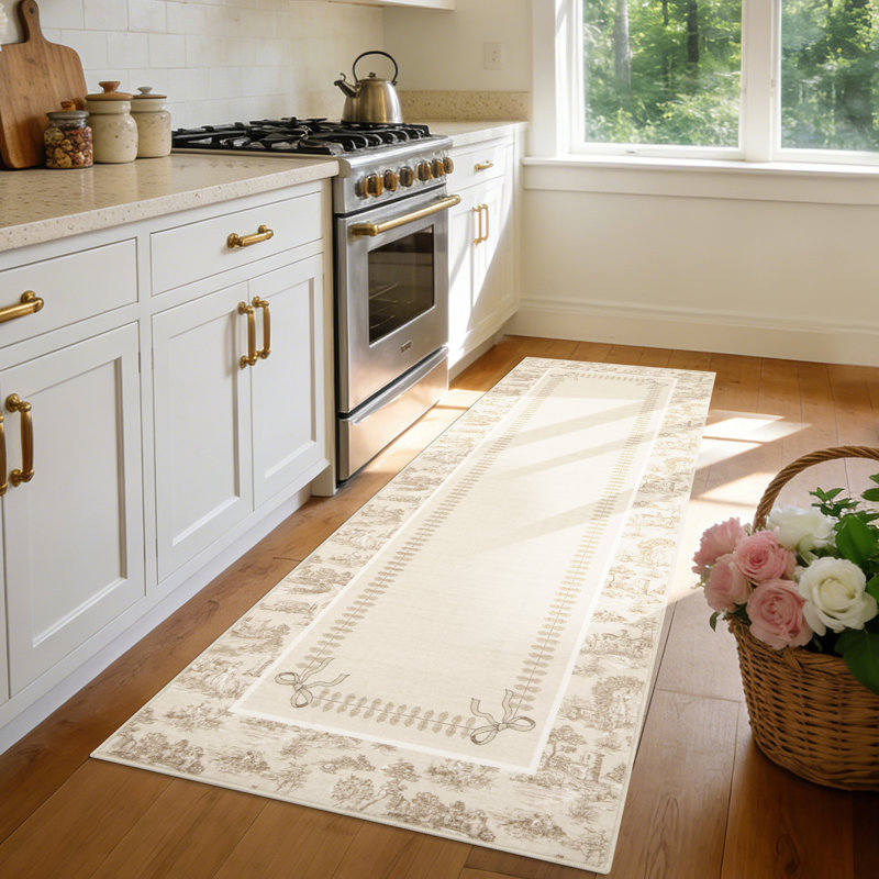 Tapis Toile de Jouy lavable à la machine – Tapis à motif champêtre français, ultra doux, antidérapant et ne peluche pas