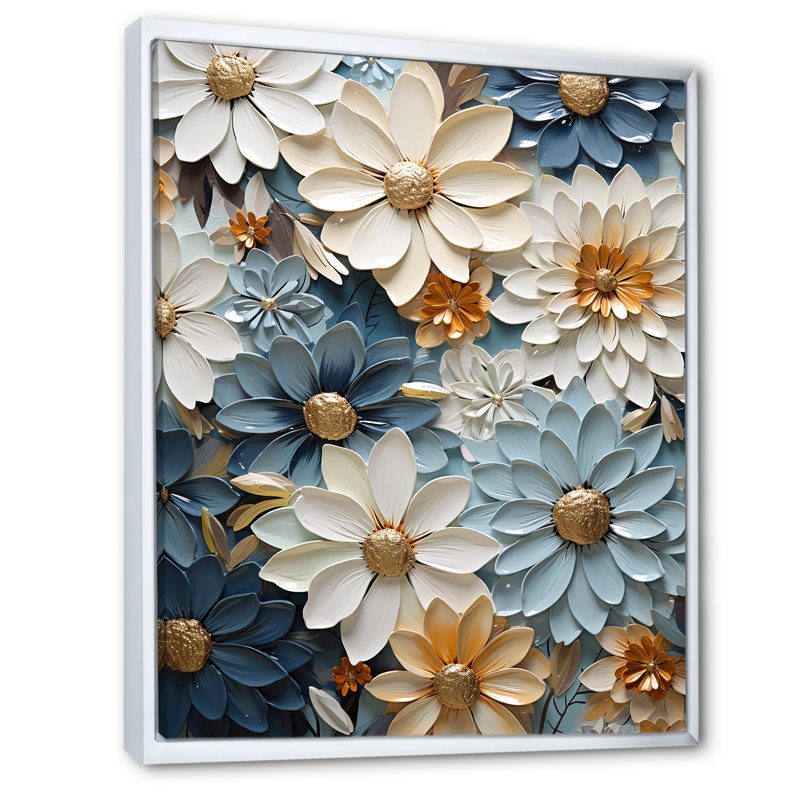 «Vibrant Blue White Zinnias Collage» sur toile, Cadre flottant blanc, H 20 po x l 12 po x P 1 po