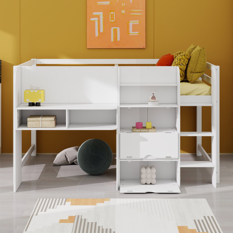 Solid Wood Loft Bed Frame With Storage Cabinets, Bookcase And Whiteboard For Graffiti, White