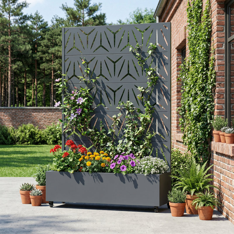 Boîte à fleurs en métal avec treillis et roues, H 72 po x l 47 po x P 16 po, Stone Grey
