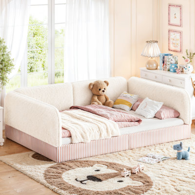 Full Size Upholstered Teddy Fleece Floor Bed Frame for Kids, Half-enclosed Montessori Floor Bed Low Profile Platform Bed with Side Guardrails, Beige