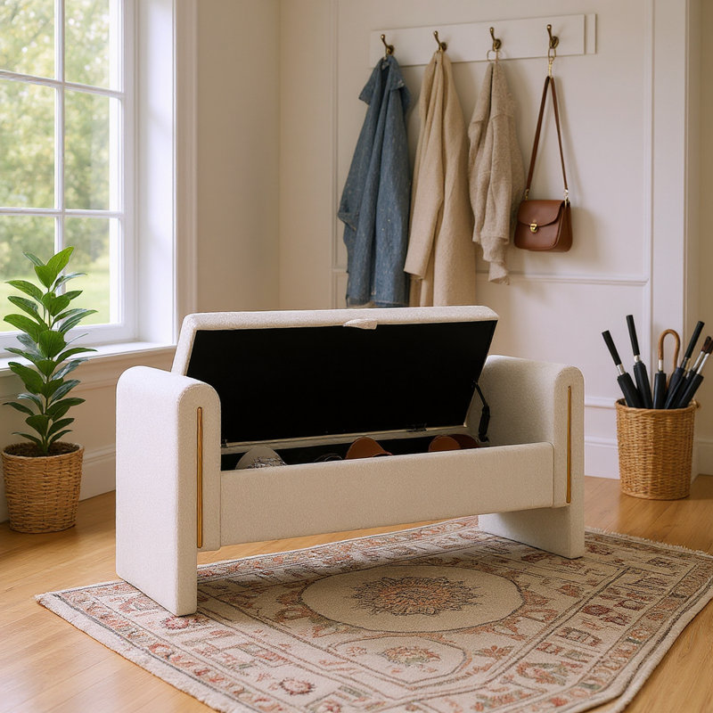 Banc de rangement rembourré pour chambre avec accoudoirs, crème bouclé, décor moderne