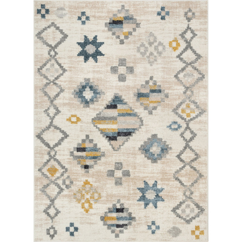 Well Woven Malfi Duchess Moroccan Diamond Pattern Beige Blue Rug, Runner 67 x 220cm