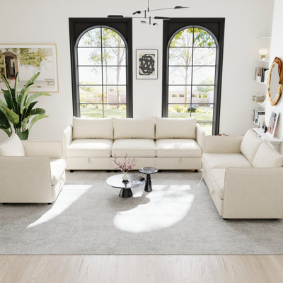 Canapé-lit modulable 6 places convertible avec rangement, dossier et coussins confortables, ressorts ensachés en mousse haute densité, tissu chenille beige, structure en bois offrant un bon soutien, capacité de charge de 113 kg par place