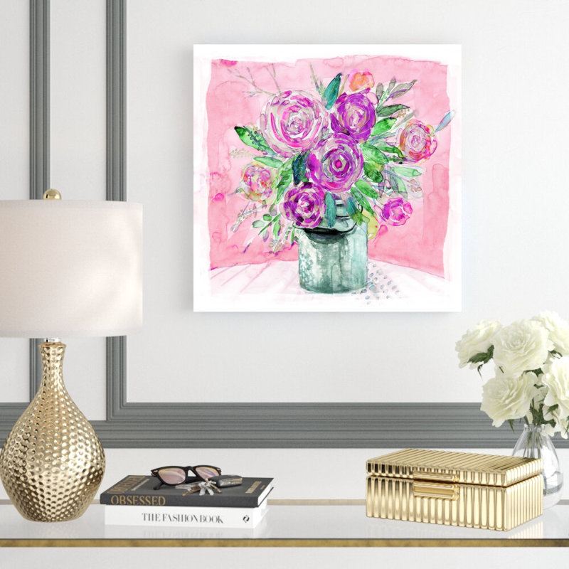 Watercolor Blooms In Bucket - Reproduction d'art sur toile tendue, H 20 po x l 20 po