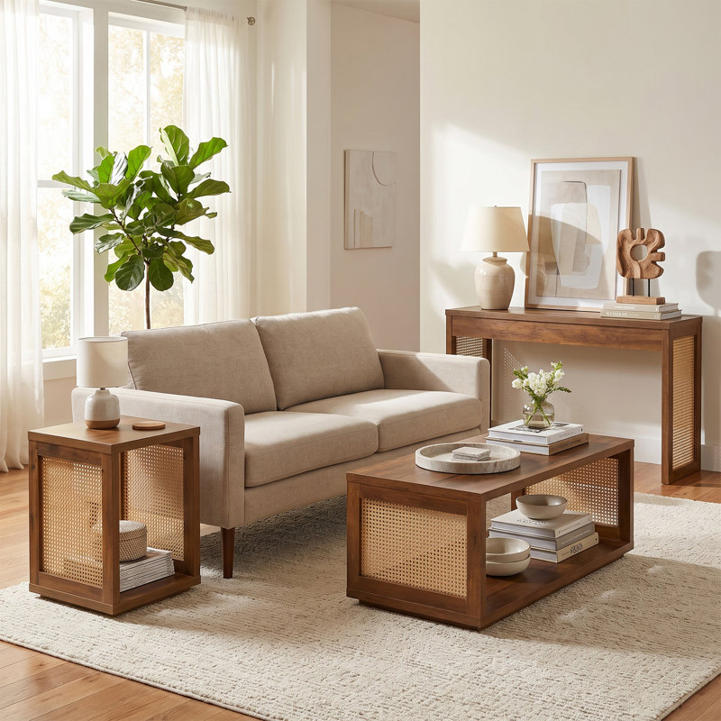 Table basse Haught Weave avec tablette, Brume d'automne brune / orge beige