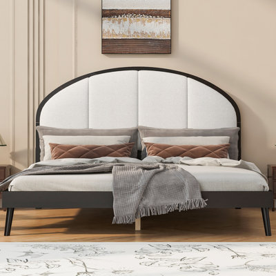 Queen Size Upholstered Platform Bed Frame, Linen Headboard, Solid Wood Frame, No Box Spring Needed, Modern Minimalist Design