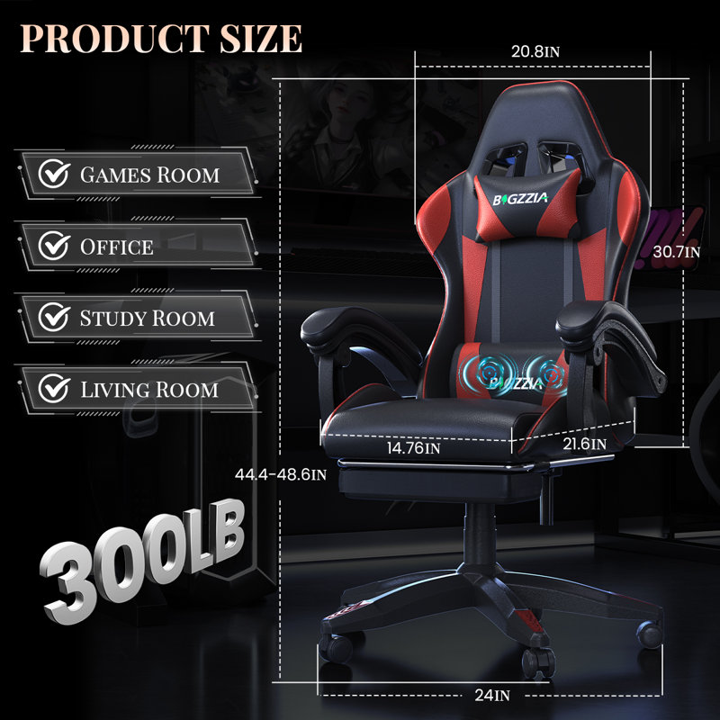 Fauteuil de jeu avec support lombaire de massage et repose-pieds, Noir / Rouge
