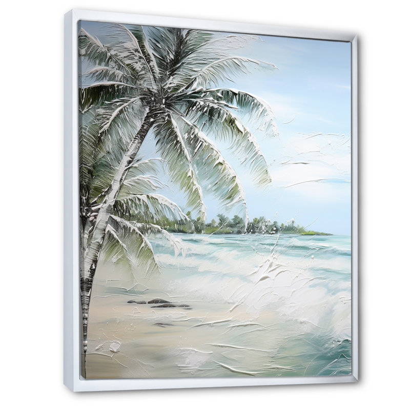 Palmier avec vue sur l'océan et paradis, H 44 po x l 34 po x P 1,5 po, Cadre flottant blanc
