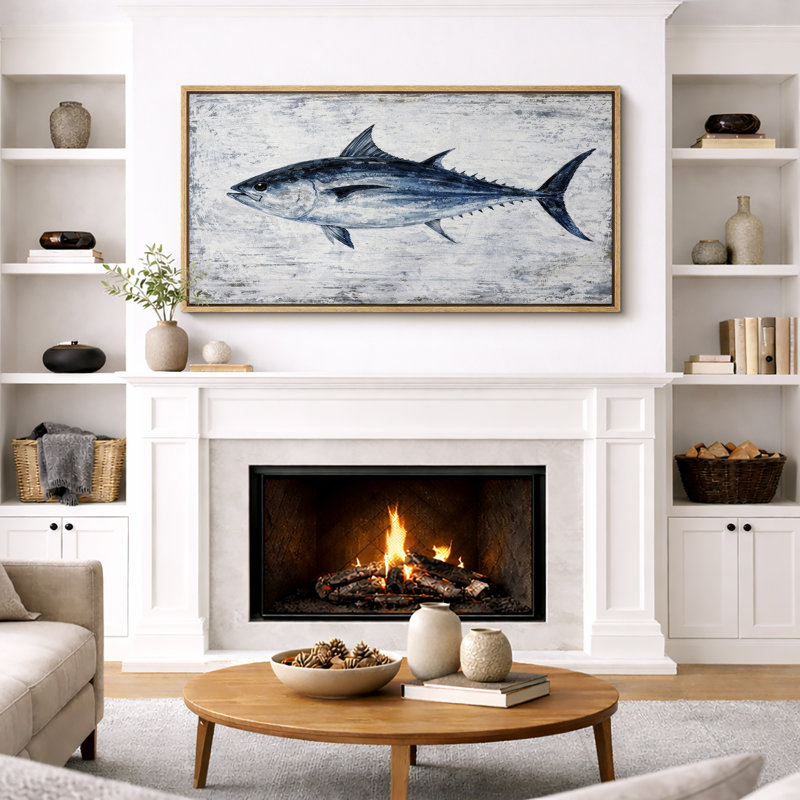 «Blue Tuna Fish Rustic Coastal Nautical Wall Decor Extra Large», reproduction d'art sur toile encadrée, Naturel