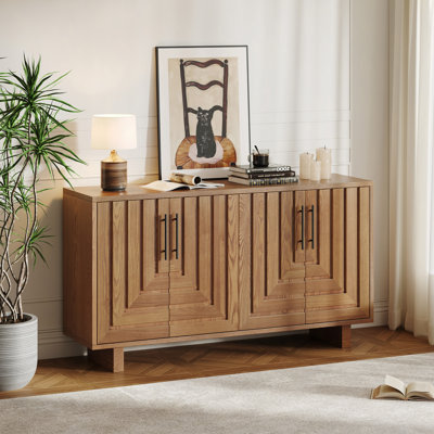 Modern Sideboard, 59"×15.75"×32.5" Storage Cabinet With 4 Doors, MDF And Ash Veneer With Metal Handles Finish, Suitable For Dining/Living Room Storage