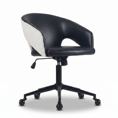 Mid-Century Two-Tone Office Chair Faux Leather & Fabric Upholstered Swivel Desk Chair With Thick Cushion Height Adjustable Rolling Task Chair With 360°Ball Caster & Black Metal Base, For Home Office, Vanity
