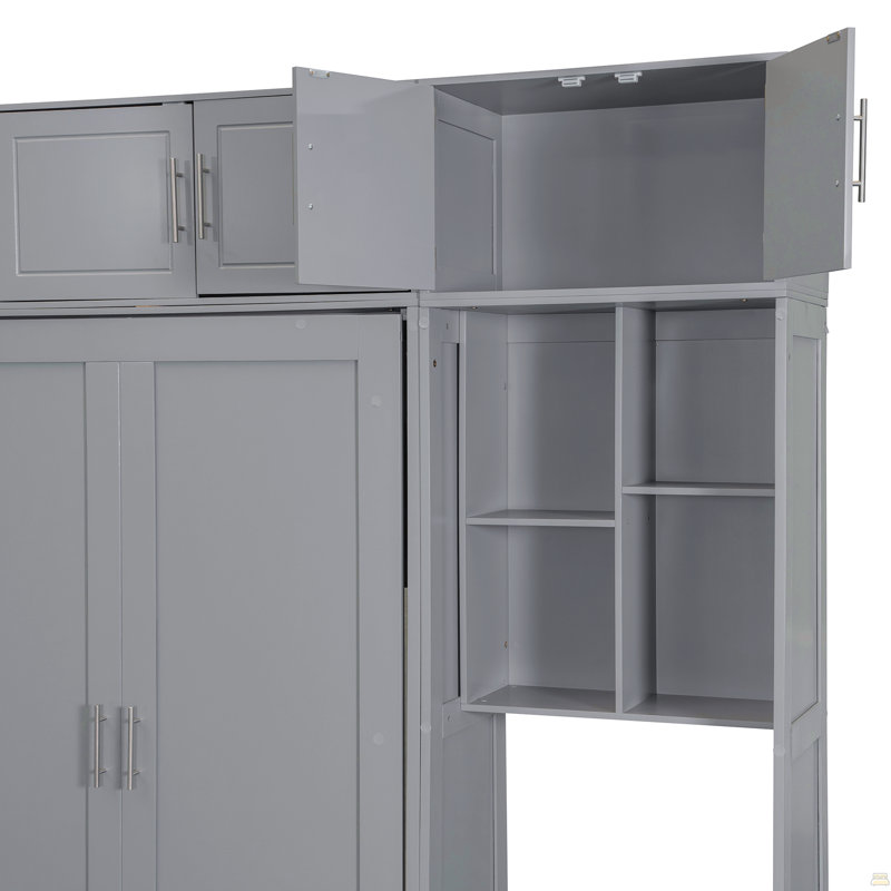 Grand lit escamotable mural avec bureau, armoire supérieure et tablettes de rangement, lit pliant peu encombrant, Grey, Queen