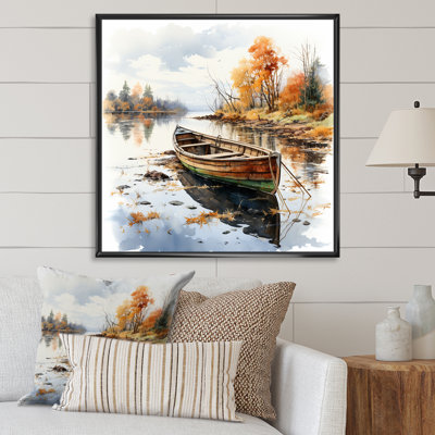 Automne, tranquillité en canot au bord du lac I - Bateau de pêche, art mural