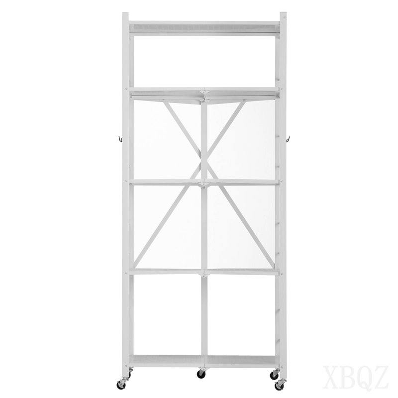 Folding Storage Shelf with Wheels 5-Tier Metal Shelving Unit White
