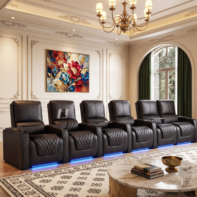 Fauteuil de cinéma maison inclinable électrique en cuir fleur de qualité supérieure avec éclairage ambiant à DEL 7 couleurs, appui-tête réglable, charge USB et porte-gobelets