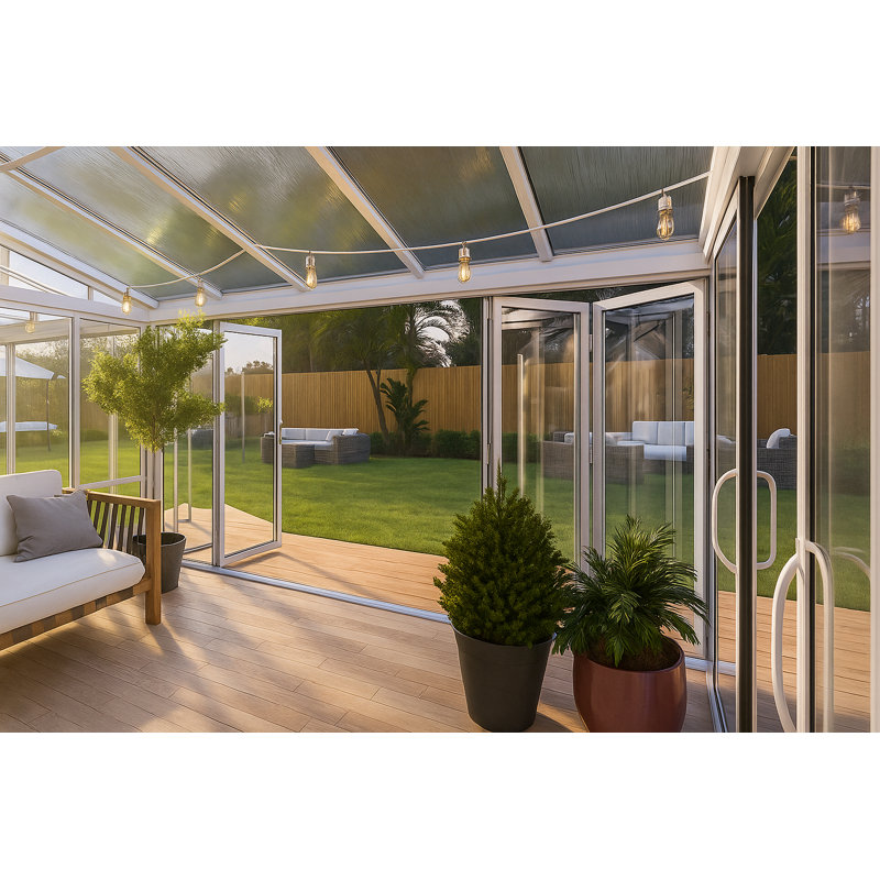  Véranda en verre trempé 12 'x 9,3' avec portes pliantes - Serre moderne toutes saisons et ajout de patio, Blanc