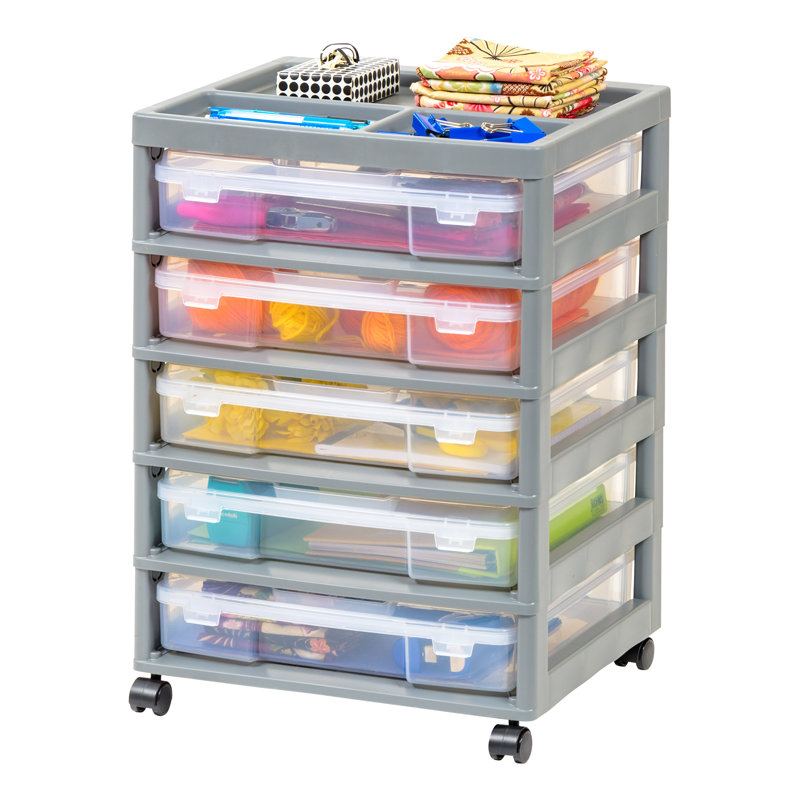 Clear and Gray 5-Drawer Rolling Storage Cart with Organizer Top