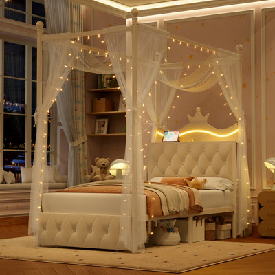 Crown-Style Upholstered Metal Canopy Storage Bed with LED Light & Charging Port