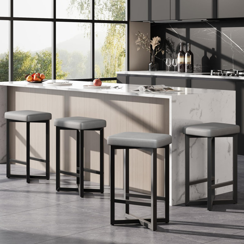 Set of 4 Backless Bar Stools - 62.5cm PU Leather Counter Chairs with Metal Frame & Footrest, Modern Minimalist Stools for Kitchen Island & Dining, Gray