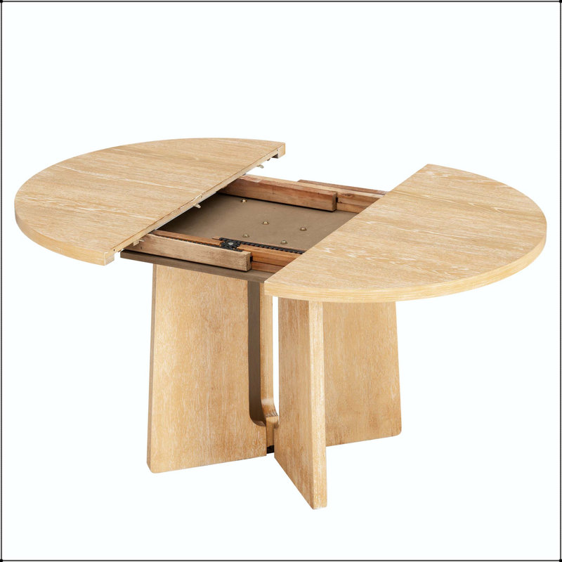 Round Extendable Dining Table with Solid Wood Frame, Natural