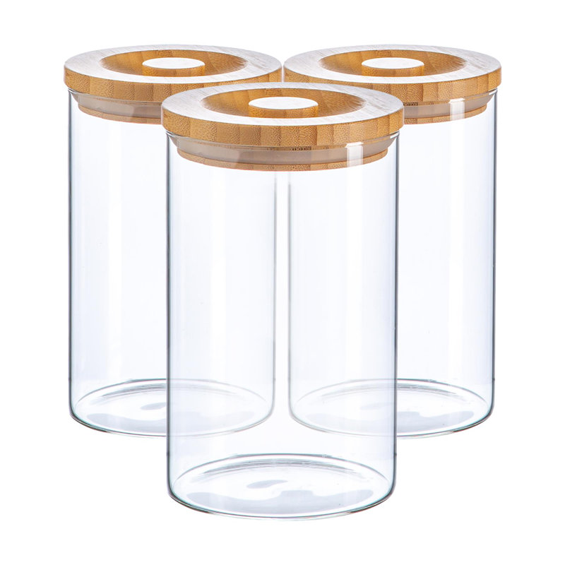 Argon Tableware - Glass Scandi Storage Jars with Wooden Lid - Set of 3, 15.5cm H x 10cm W x 10cm D