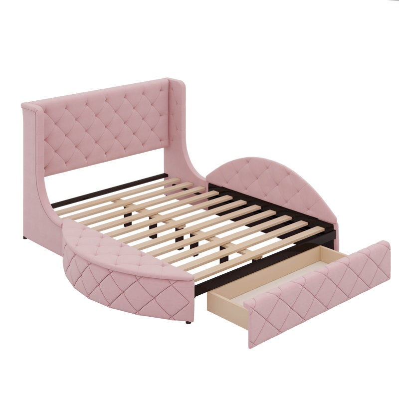 Lit plateforme tapissier en velours avec tiroir et 2 tabourets de rangement latéraux, Rose