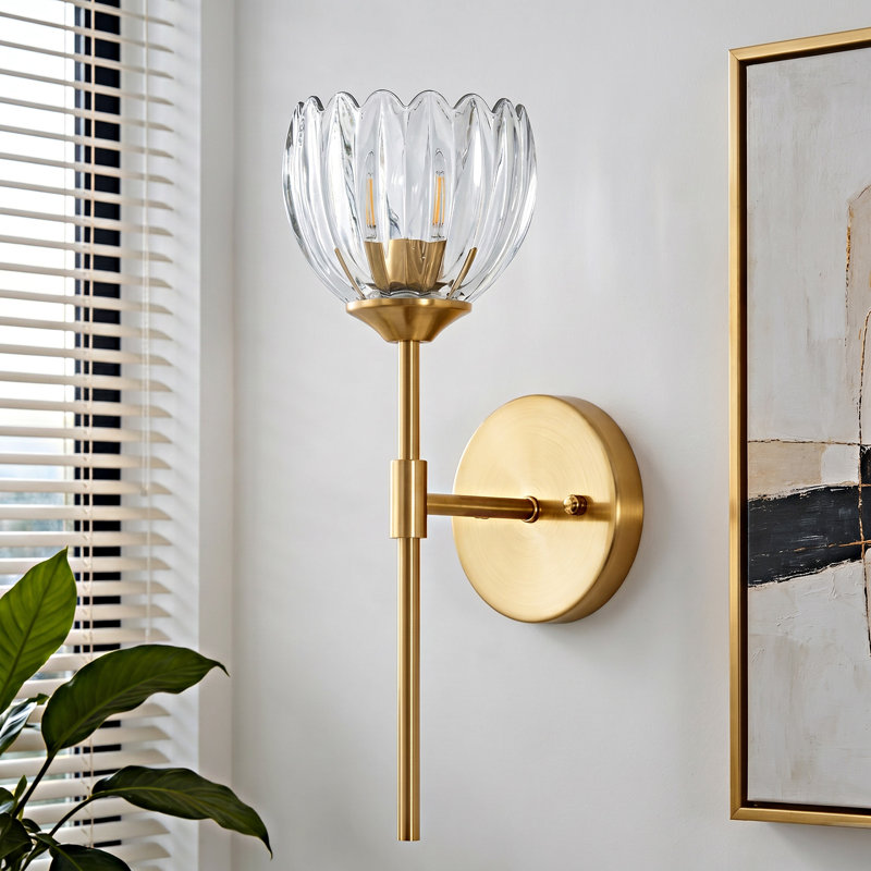 Acree Iron Armed Wall Sconce With Tulip Glass Lampshade, Clear, Gold