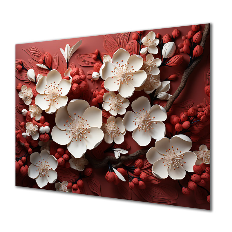 Orchidées blanches et rouges IV - Art mural floral abstrait en métal, H 24 po x l 32 po x P 1 po