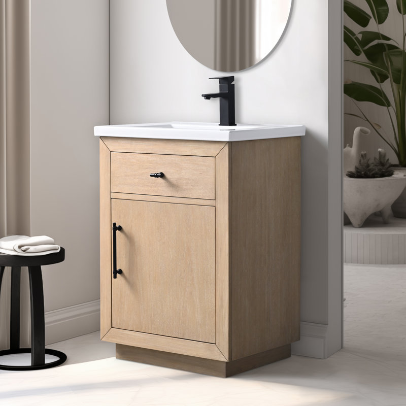 Ensemble de meuble-lavabo autoportant à simple cuve 24 po avec plateau en céramique Avignon, Blé clair