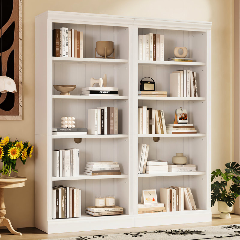 Bibliothèque de rangement de 211 cm de haut avec 5 tablettes réglables, éclairage DEL, pour salon et bureau, blanche. Ensemble idéal de 208 cm.